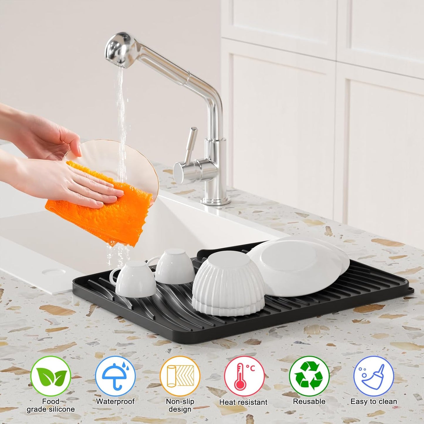 Dish Drying Mat Silicone Dish Drying Mat with Built-In Drainage Spout